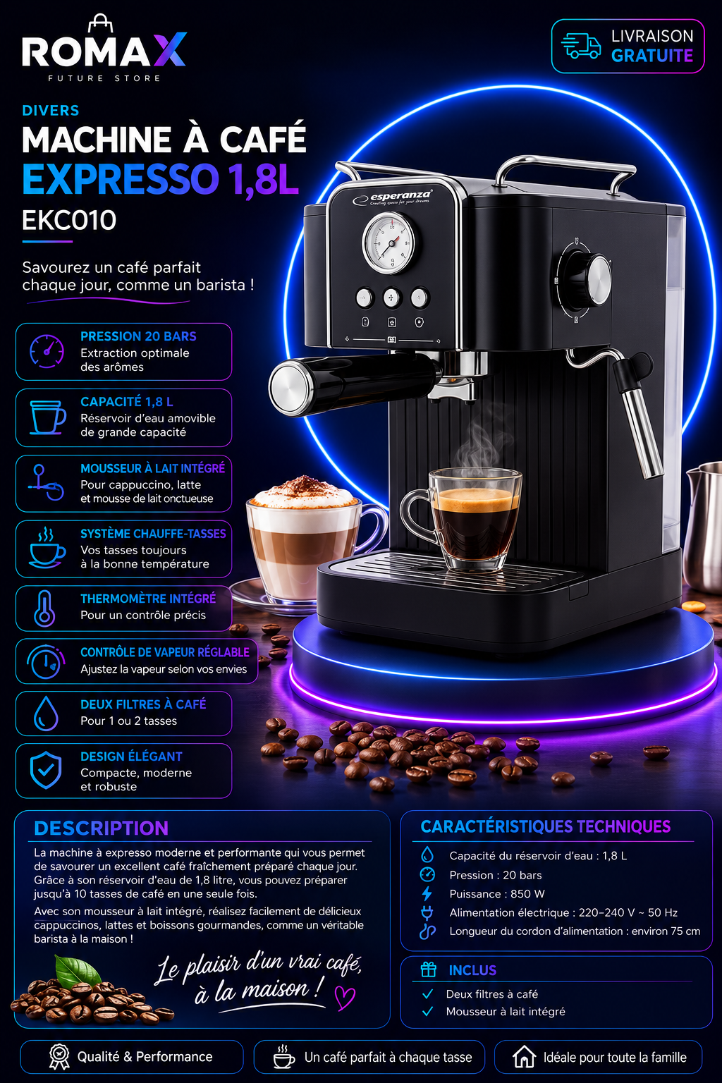 Machine à café expresso 1,8L EKCO10