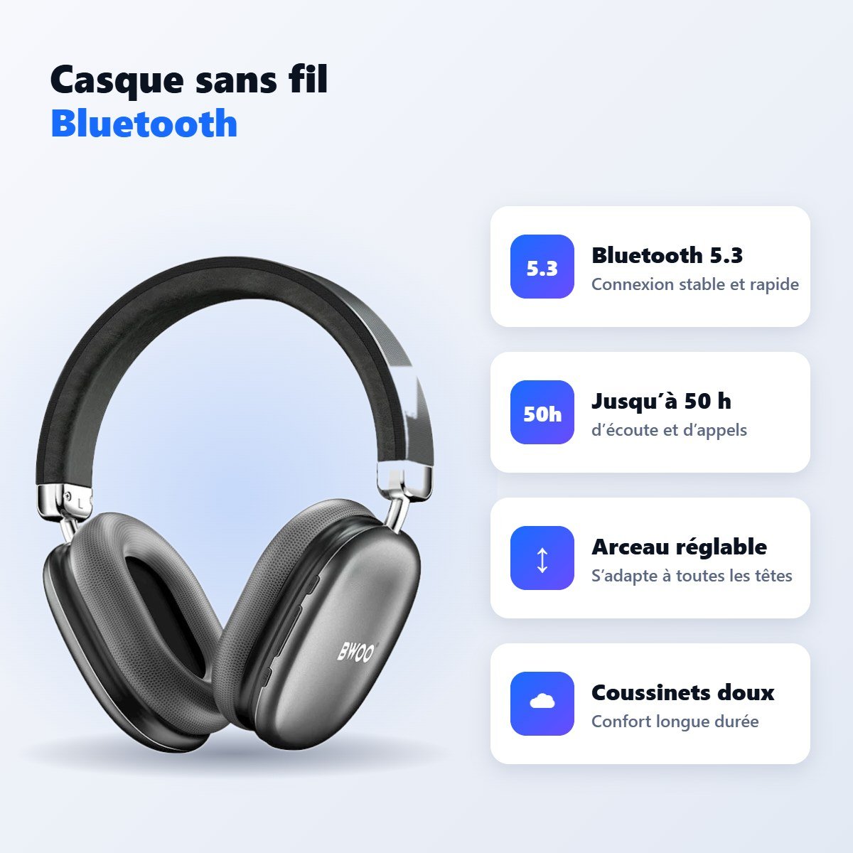 Casque sans fil Bluetooth gris – caractéristiques