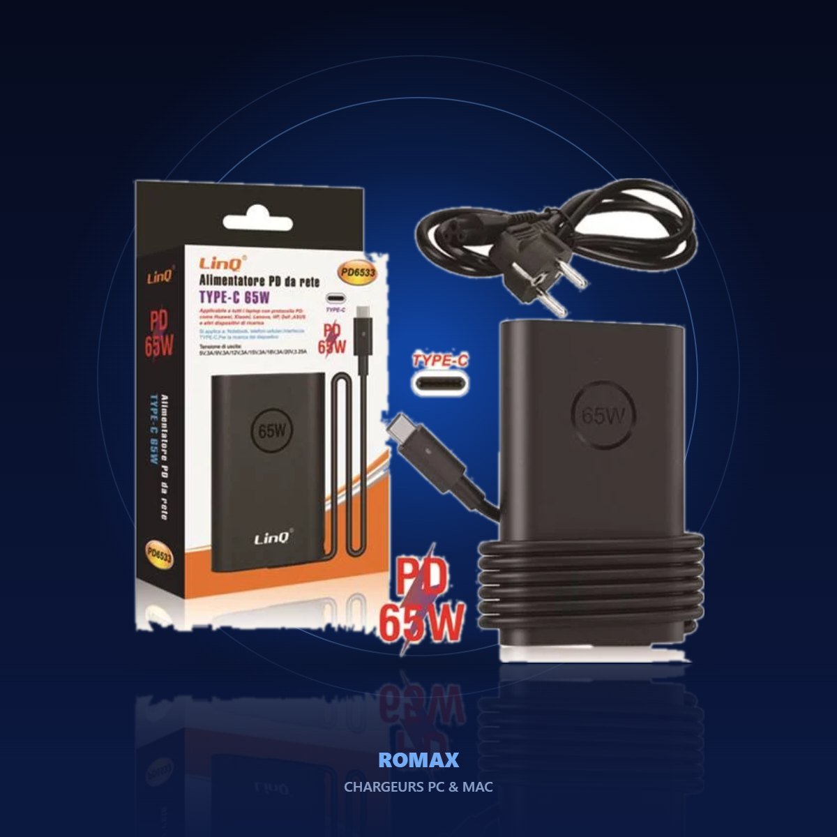 Chargeur USB-C PD 65 W pour PC portable – ambiance